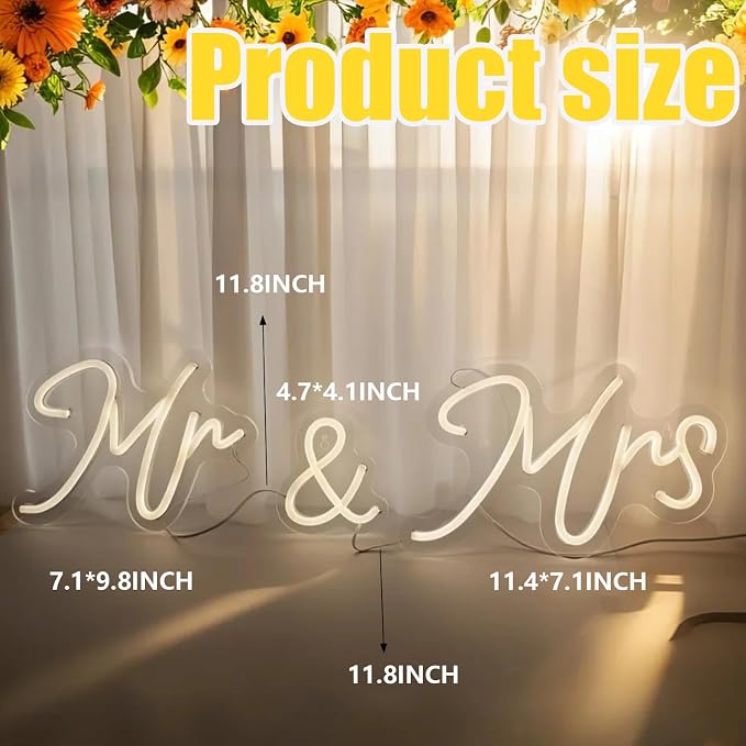 Mr and Mrs Neon Sign for Wedding Neon Light LED Backdrop Wall Decor USB Wedding Reception Decoration Gifts for Anniversary Engagement Banquet