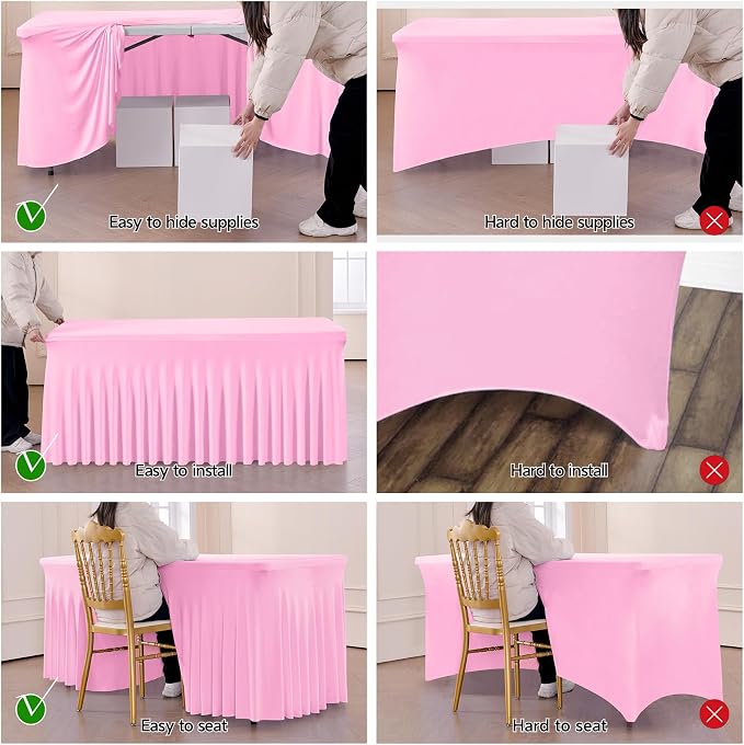 Outpain 8ft Spandex Table Cloth for Standard Folding Tables-6Pack Baby Pink Table Cloth Table Protector for Party, Wedding, Cocktail, Banquet, Festival