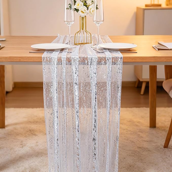 BINBE 3PCS Silver Table Runner 10Ft Sheer Chiffon Fabric Cheesecloth Sequin Glitter Table Runner for Wedding Birthday Party Decor