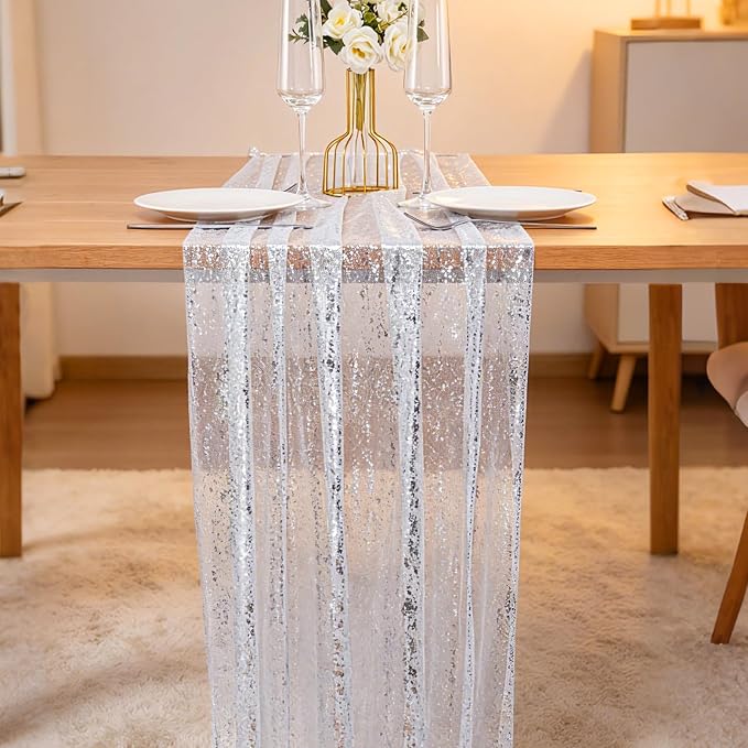 BINBE 6PCS Silver Table Runner 10Ft Sheer Chiffon Fabric Cheesecloth Sequin Glitter Table Runner for Wedding Birthday Party Decor