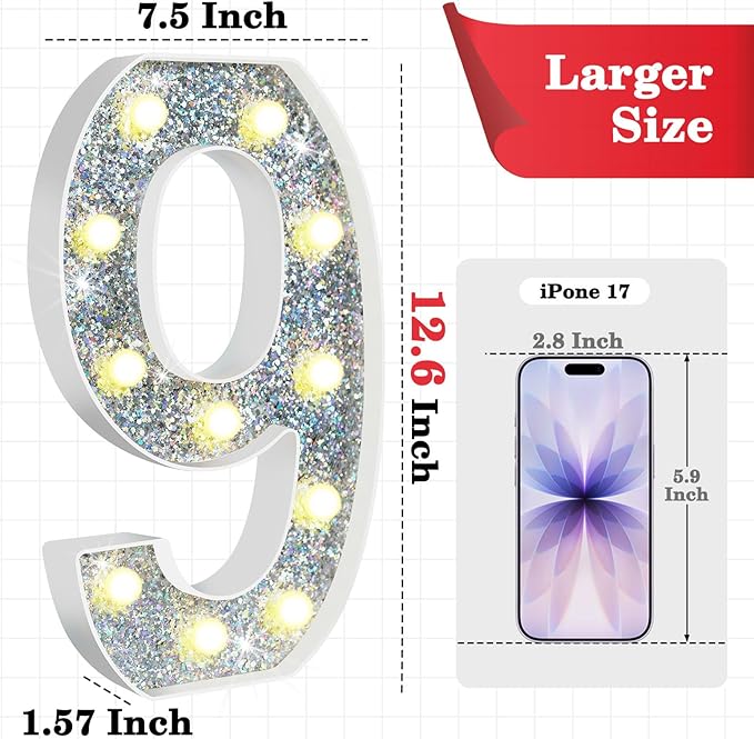 12.6 Inch LED Silver Marquee Light Up Numbers, 9th Birthday Decorations Number Lights as Gifts for Girls Boys, Glitter Lighted Marquee Numbers for Silver Anniversary Party Table Decor, 9