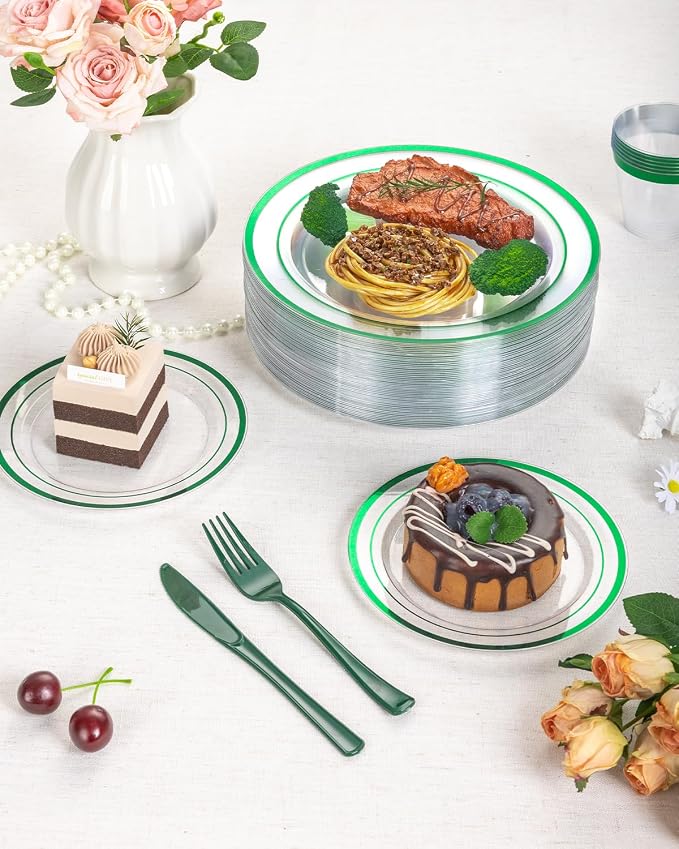 Goodluck 350 Pcs Clear Green Disposable Plastic Plates, Dinnerware Sets | Plastic Silverware Include 100 plates, 50 pack Pre Rolled Napkins With Silverware, 50 cups for Christmas, St. Patrick's Day