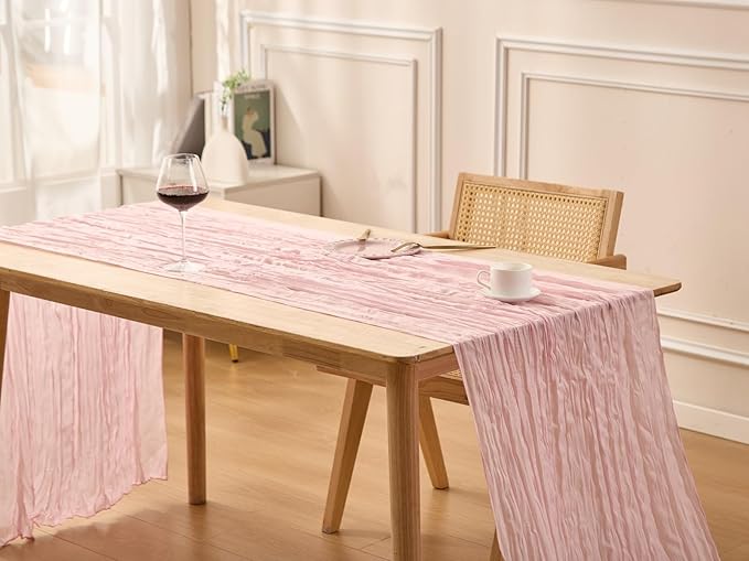 Blush Pink Spring Table Runner Boho Cheesecloth Table Runner 120 inches Crinkled Gauze Sheer Mother's Day Table Centerpieces for Wedding Ceremony Anniversary Bridal Baby Shower Banquet