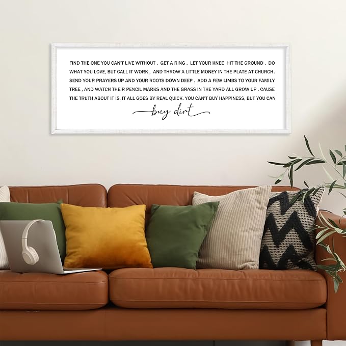 Buy Dirt Sign Wall Decor Song Lyrics Wall Art You Cant Buy Happiness Signs | 40x15 Inch Farmhouse Rustic White Wood Framed, Large Ideal for Living Room Kitchen Bedroom Entryway Hallway, Ready to Hang