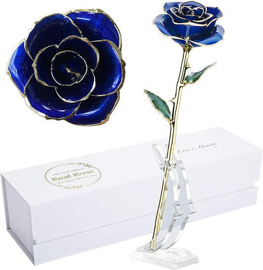 Birthday Rose Gift for her,24k Golden Real Fresh Long stem Rose and Best Birthday Gift for her Rose,Blue with Stand
