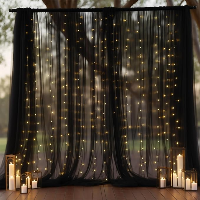 10x8ft Black Tulle Backdrop Curtain with Lights String for Parites, Sheer Photo Backdrop Curtains with Lights for Wedding Backdrop Ceremony Reception Bridal Shower Baby Shower Birthday Party