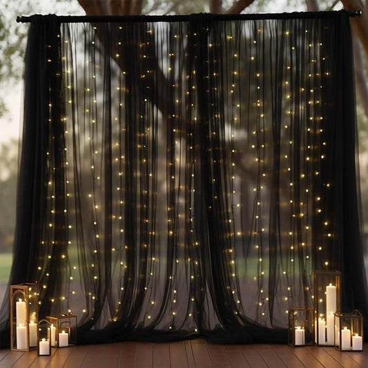 10x8ft Black Tulle Backdrop Curtain with Lights String for Parites, Sheer Photo Backdrop Curtains with Lights for Wedding Backdrop Ceremony Reception Bridal Shower Baby Shower Birthday Party