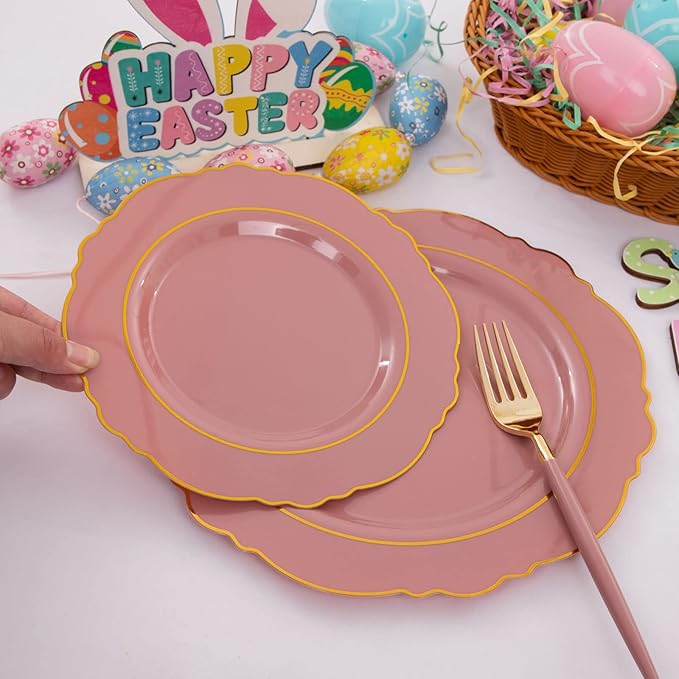 Nervure 100Pcs Mauve Pink Plastic Plates - Mauve Gold Plastic Dinnerware Sets for 20 Guests - 20 Dinner Plates, 20 Dessert Plates, 20 Forks, 20 Knives and 20 Spoons for Wedding & Party & Mother's Day