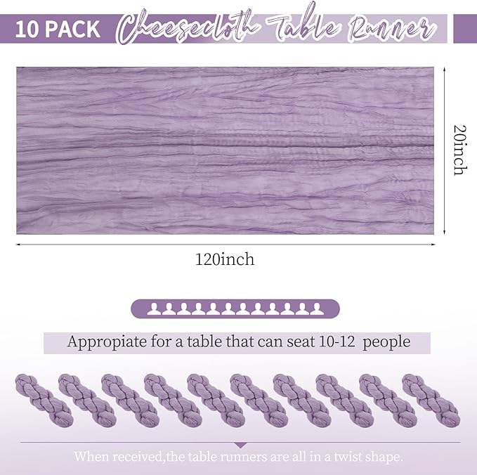 10 Pack Lavender Table Runner 10Ft Cheesecloth Table Runner Boho Gauze Table Runners Romantic Long Sheer Fabric Cheese Cloth Table Runners for Wedding Party Bridal Shower(Lavender)