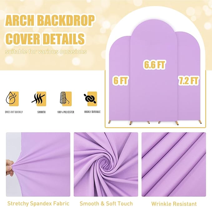 FUHSY Spandex Fitted Wedding Arch Cover Set of 3 Lavender Backdrop Arch Cover for Round Top Chiara Arch Backdrop Stands Cover Metal Arched Frame Covers for Birthday Party 6FT, 6.6FT, 7.2FT