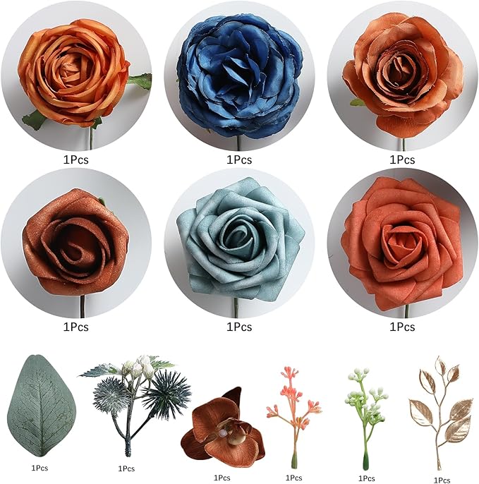 Garisey Artificial Flowers Combo for DIY Wedding Bouquets Combo Centerpieces Arrangements Party Bridal Baby Shower Home Decorations-Teal&Terracotta