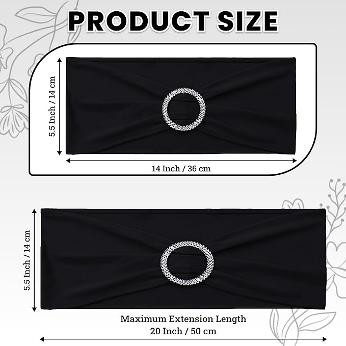 VDS - Black | Spandex Chair Sashes Bows | 250 PCS | Stretch Elastic Banquet Universal Folding Chair Band Tie with Silver Buckle Slider for Wedding Party Conference Celebration Event Decoration