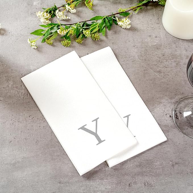 Luxenap 15.8 X 7.9 Inch Linen-Feel Guest Towels, 50 Lettered Hand Towels - Silver Letter 'Y', Sans Serif Font, White Paper Dinner Napkins, airlaid, For Restrooms And Tables - Restaurantware