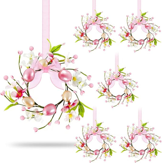 6 PCS Small Easter Wreaths for Kitchen Cabinet Mini Artificial Easter Egg Flower Wreath for Front Door Spring Summer Hanging Wreath with Pink Ribbon Berry for Home Porch Wall Window Farmhouse Decor