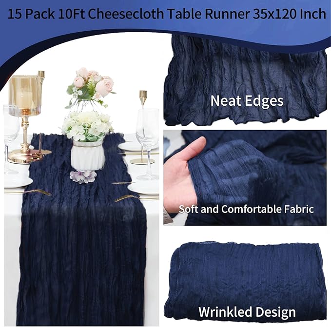 15 Pack Navy Blue Cheesecloth Table Runner 10Ft Gauze Cheese Cloth Table Runner 35x 120Inch Romantic Boho Table Runners for Wedding Birthday Party Anniversary Bridal Baby Shower Reception Table Décor