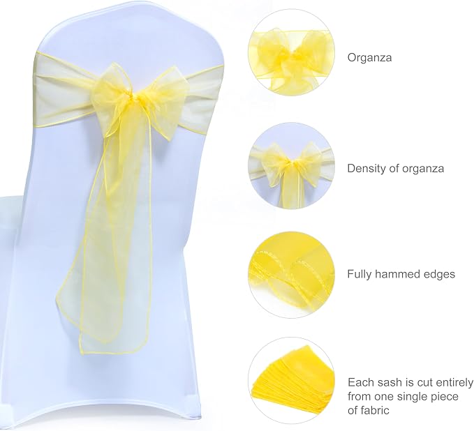 MDS® Pack of 250 Organza Chair Sashes for Wedding Decoration, Reusable Sheer Chair Bows for Banquet Chair Cover, Reception, Bridal Shower, Baby Shower, Birthday Party & Special Events - Yellow