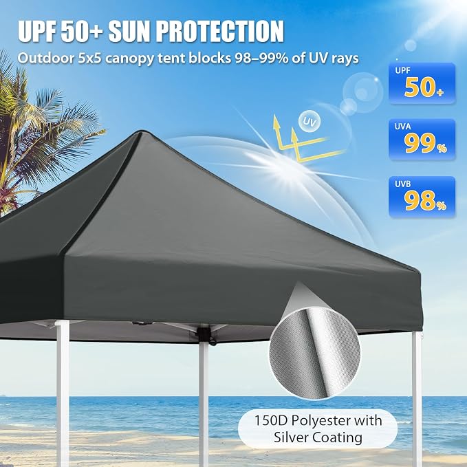 EAGLE PEAK 5x5 Pop Up Canopy Tent Instant Outdoor Canopy Easy Set-up Straight Leg Folding Shelter, Gray