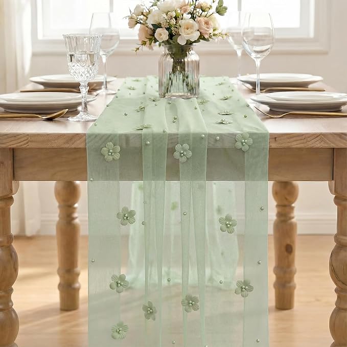 Artoid Mode Sage Green Flower Pearl Green Gauze Table Runner 10FT, Seasonal Sheer Dining Holiday Wedding Birthday Baby Shower Table Decor for Home Party