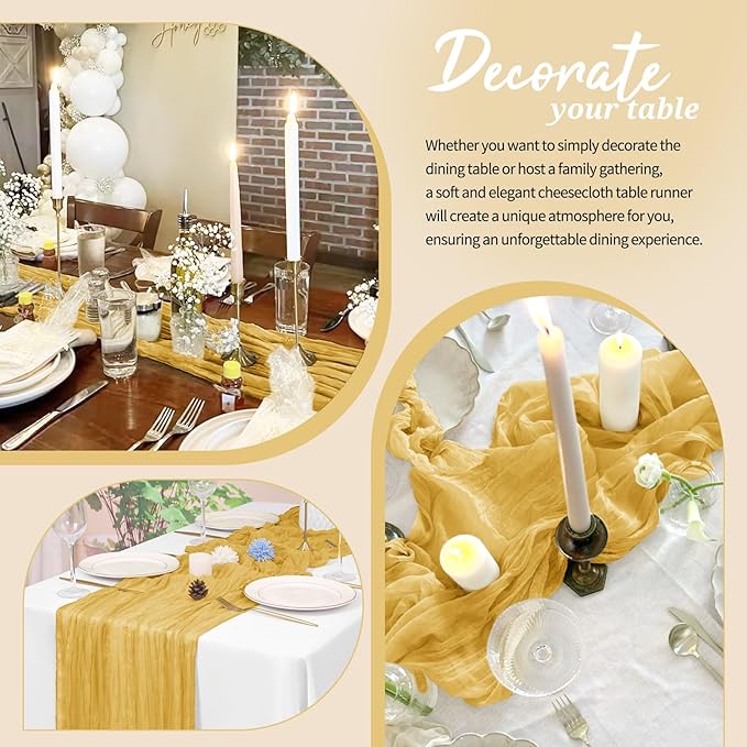 10 Pack Cheesecloth Table Runner Gold, Rustic Boho Gauze Fabric Table Runner Romantic Table Runner for Wedding, Festival, Birthday, Anniversary, Dinner and Outdoor Events (17.7 x 108 inch)