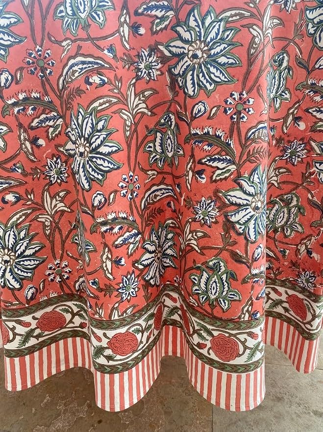 Ridhi Round Tablecloth Hand Block Print 100% Cotton Reusable Peach and Berry Blue 132 Inch Table Cover Decorative Everyday Use for Dining, Home, Farmhouse Gift for Spring, Mother's Day