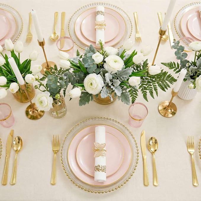 Rubtlamp 210Pcs Plastic Pink Plates with Gold Plastic Silverware Set Include 30Pink Dinner & 30 Dessert Plates, 90Gold Cutlery, 30Gold Cups, 30Napkins, Pink Dinnerware for Valentines&Mother's Day