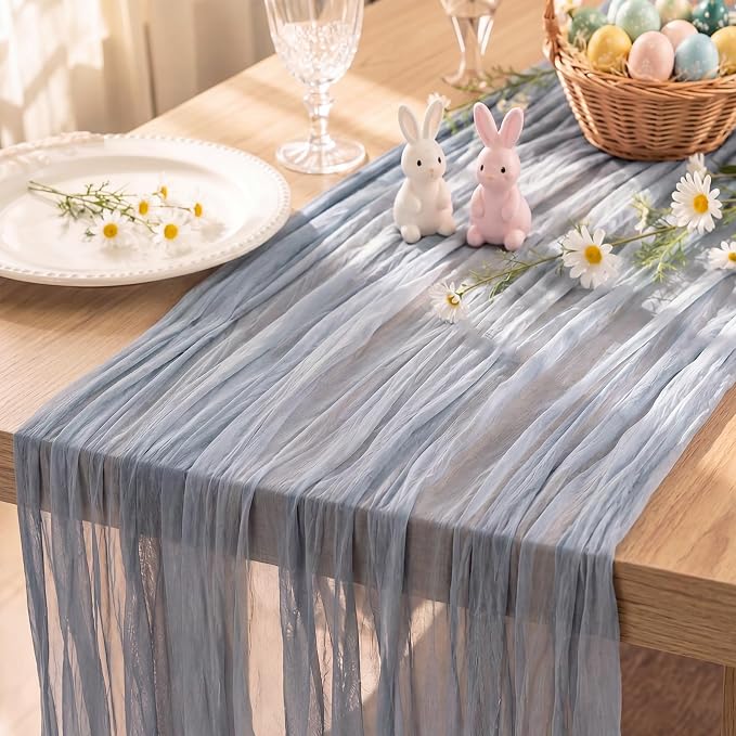 3 Pack Dusty Blue Cheesecloth Table Runner 120 Inch 10FT Cheese Cloth Runners for Baby Shower, Coastal Style, Retro Decoration, Farmhouse