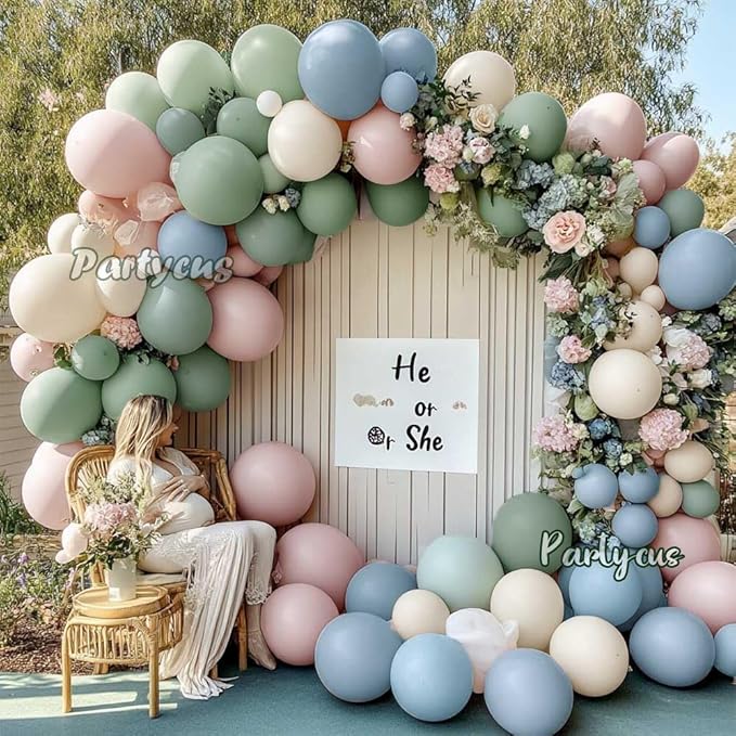 Dusty Green Pink Blue Balloon Arch Double Stuffed Pastel Pink Dusty Blue Light Sage Green White Latex Balloon Garland Kit for Boho Baby Shower Birthday Gender Reveal Tea Valentine Party Decoration