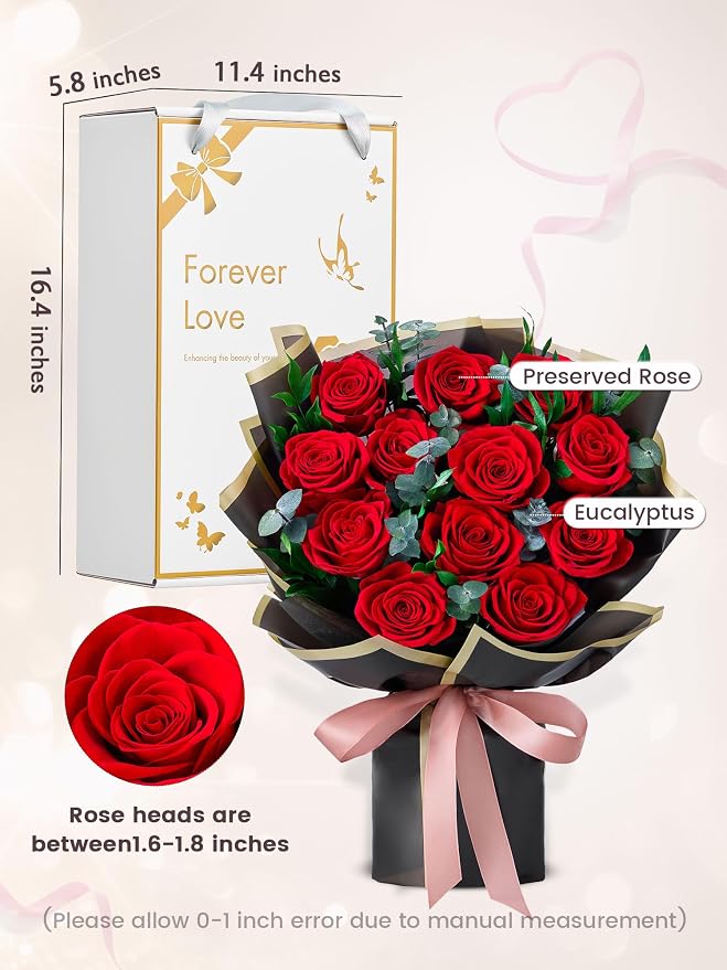 Mosstory 12 Red Preserved Roses Bouquet Flower Bouquet with Led Lights Gift for Women Wife Mother Day Birthday Wedding Anniversary (Black)