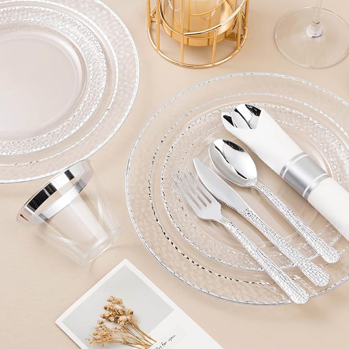Bestluck 350PCS Clear Plastic Plates with Silver Trim for 50 Guests, Disposable Dinnerware Set for Party & Wedding, Includes 100 Plastic Plates, 50 Pre Rolled Napkins with Silver Silverware, 50 Cups