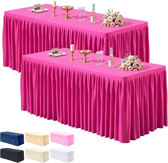 PARTISKY 2 Pack Hot Pink Tablecloths for Rectangle Tables 6ft, Wrinkle Resistant Spandex Table Cover Fitted Stretch Table Cloth with Pleated Ruffle Skirts for Party Banquet Dining Birthday Wedding