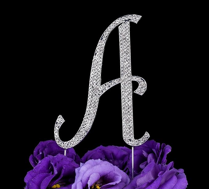 LOVENJOY Gift-Boxed 3.3" Sparkly Crystal Rhinestone Letter A Cake Topper Silver