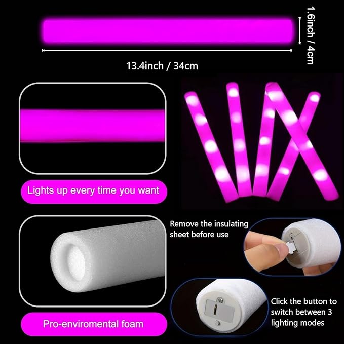 Glow Foam Wand, 36 Pcs Pink Giant LED Light Up Sticks 3 Modes Flashing Glowing Baton Wands Party Supplies for Valentine's Day,Wedding, Raves,Concert,Birthday, Sporting Events