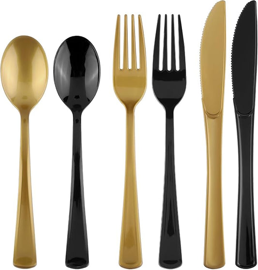 Kochorie 300 Pieces Graduation Black and Gold Plastic Silverware Heavy Duty Plastic Cutlery Set Disposable Flatware Includes Spoons Forks Knives for Party Supplies