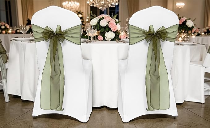 MDS® Pack of 300 Organza Chair Sashes for Wedding Decoration, Reusable Sheer Chair Bows for Banquet Chair Cover, Reception, Bridal Shower, Baby Shower, Birthday Party & Special Events - Olive Green