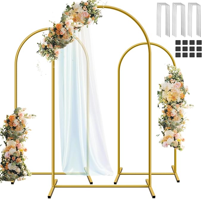 Hemmotop Metal Arch Backdrop Stand Set of 3, 6FT, 5FT, 4FT Party Arch Stands for Wedding, Birthday, Baby Shower, Bridal Shower - Balloon Arched Frame for Garden Decor, Gold Floral Arches, 3 Pieces