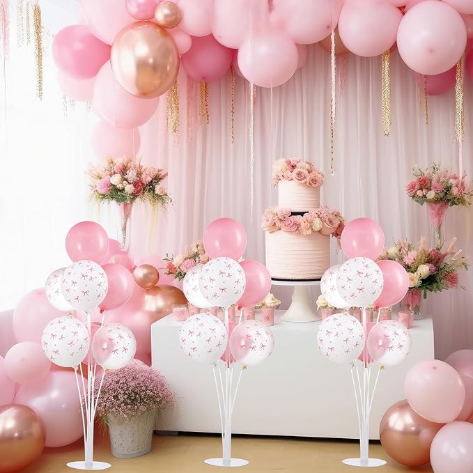 VioraWhite 8 Set Balloon Stands Kits, Sticks Holder with Base and Balloon for Table Centerpieces Party Decoration for Birthday Baby Shower Fiesta Carnival Wedding Graduation Party(Pink Bow)