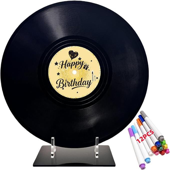 ReeGii Vinyl Record Guest Book for Birthday Decorations - Large 11.6"x11.6" Birthday Party Sign Poster with 12 Pens,Unique Keepsake Gift for Friends and Family