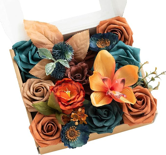 Ling's moment Fake Flowers Box, Faux Artificial Greenery Stems Foam Roses Gardenia Silk Poppy Orchid Fabic Flower for Centerpieces Bouquet Wedding Vase Decorations, Teal & Burnt Orange, Mini Combo