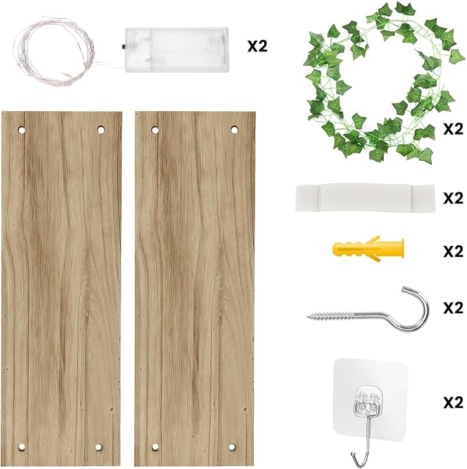 RICHER HOUSE Macrame Floating Shelves for Wall No Drilling, Boho Hanging Shelf with Artificial Ivy and LED Lights, Plant Wall Decor for Living Room Bedroom Dorm