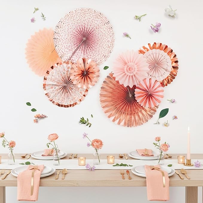 PapaKit 8-Piece Origami Paper Fan Set - Lustrous Pink Coral & Metallic Rose Gold | Reusable Hanging Pinwheel Wall Backdrop for Girls Birthday, Boho Baby Shower, Wedding & Bridal Party Decorations