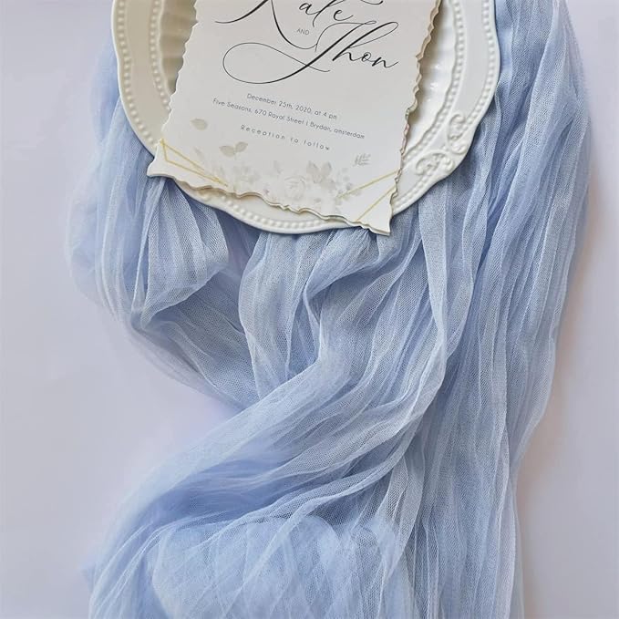 Joanlody Blue Cheesecloth Table Runner Spring Summer 10Ft Rustic Gauze Boho Cheese Cloth Table Runner for Wedding Bridal Baby Shower Decoration 10 Pack