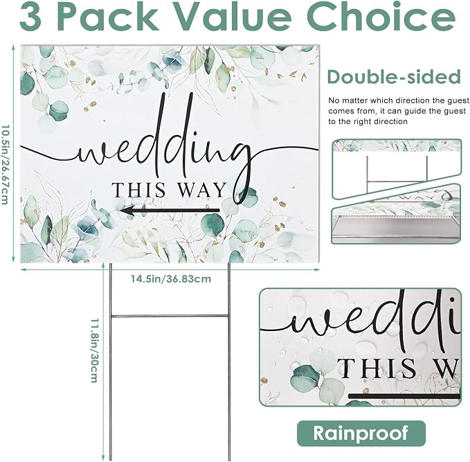 3 Pack 14.5” x 10.5” Wedding This Way Signs Double Sided Printed Wedding Direction Sign with Stakes for Ceremony Reception Lawn Yard Direction Arrow Signs Exquisite Plastic Rainproof Party Supplies,Green Leaf