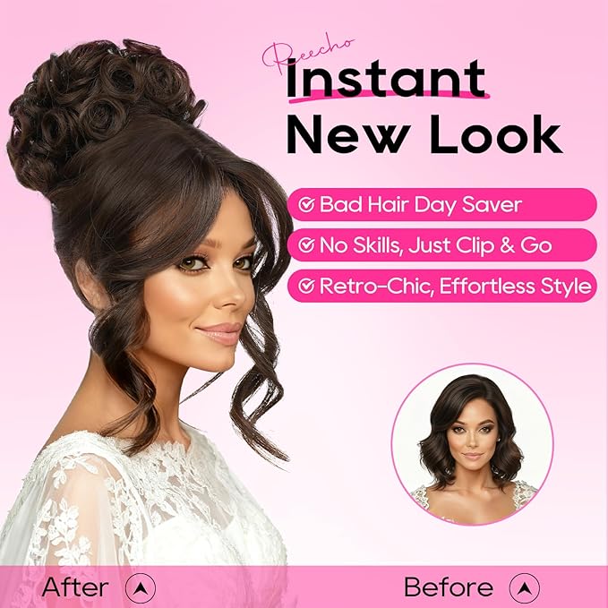REECHO Messy Bun Hair Piece with Bangs - 2-in-1 Hair Bun Hairpieces Curly Updo Wig & Hair Topper with Long Side Bangs Natural-Looking Drawstring Ponytail Extension for Women - Chestnut Brown
