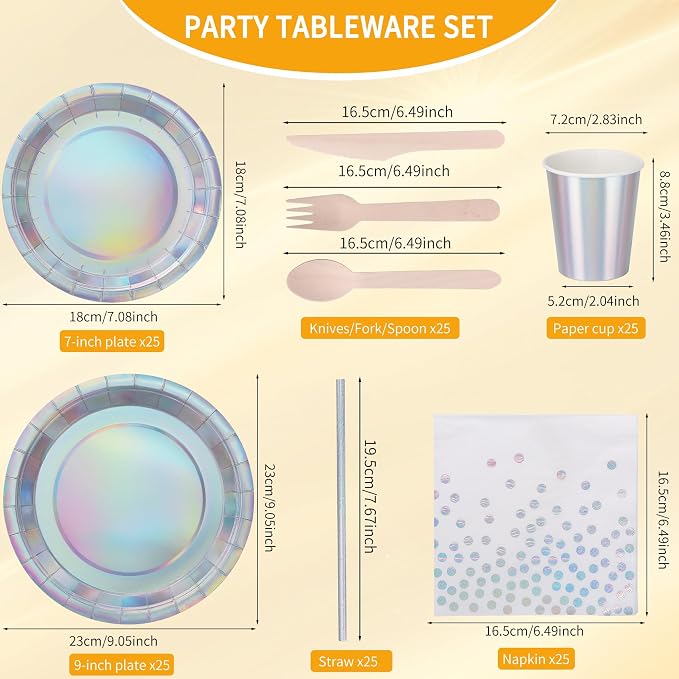 200PCS Iridescent Party Decorations Supplies, Paper Plates and Napkins Set, Iridescent Party Tableware Set for Mermaid Unicorn Birthday Wedding Party, Serve for 25 (Iridescent Set)