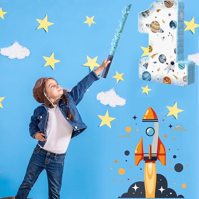 Blosssound Space Piñata Space 1st Birthday Party Decorations Supplies Number One Piñata Set with Stick Blindfold for Astronaut Planet Theme Birthday Baby Shower Celebration Decorations Supplies