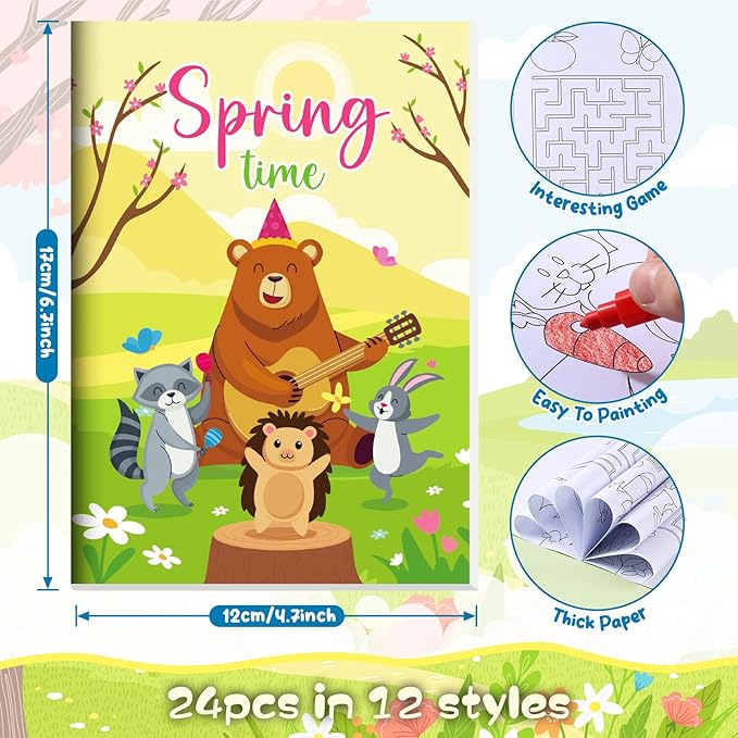 BenLouis 24 Spring Mini Coloring Books Kids with 24 Stacking Crayons Easter Party Favors Activity Books Bulk for Kids Butterfly Flower Bee Birthday Goodie Bag Gift Stuffer Classroom Reward