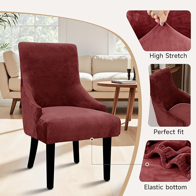 Velvet Wingback Dining Chair Cover Soft Stretch Accent Chair Cover Slipcover Thick Plush Wing Back Chairs Covers Furniture Protect Washable Chairs Protector Covers for Dining Room (Wine, 4)