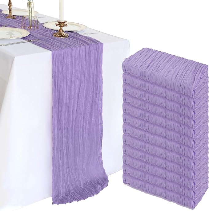 12 Pack 10FT Lavender Purple Cheesecloth Table Runner 120 Inch Gauze Rustic Boho Spring Cheese Cloth Table Runner Sheer Fabric Decorations for Holiday Party Wedding Banquet Bridal Baby Shower Décor