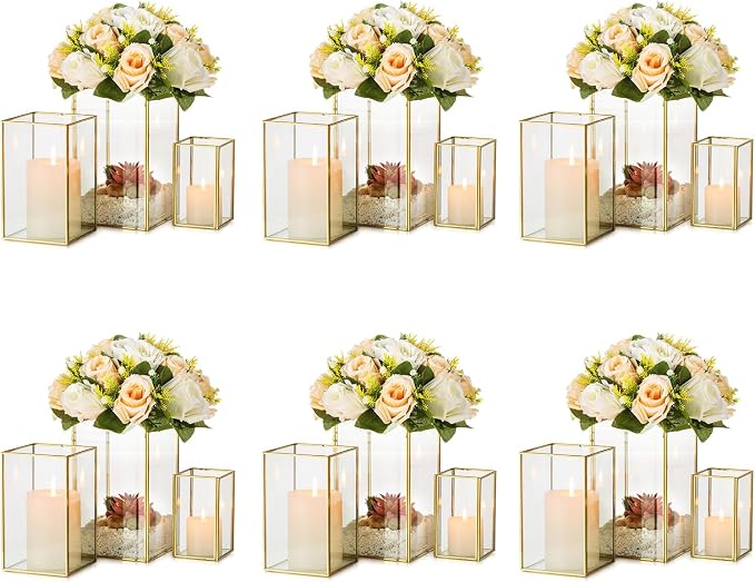 Glass Hurricane Candle Holder Large - Hewory 18pcs Gold Rectangle Flower Holders Centerpiece for Table, Tall Floor Square Pillar Candle Lantern for Wedding, Anniversary, Party, Fireplace, Dining Room
