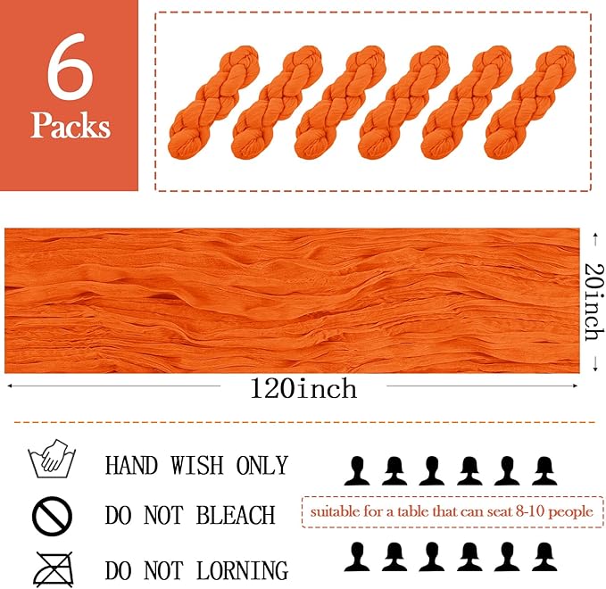 6 Pack Orange Cheesecloth Table Runner 20 x 120 inch Gauze Table Runners 10 FT Long,Semi Sheer Cheese Cloth Fabric Table Runner Bulk for Wedding,Party,Baby Shower,Bridal Shower Decoration